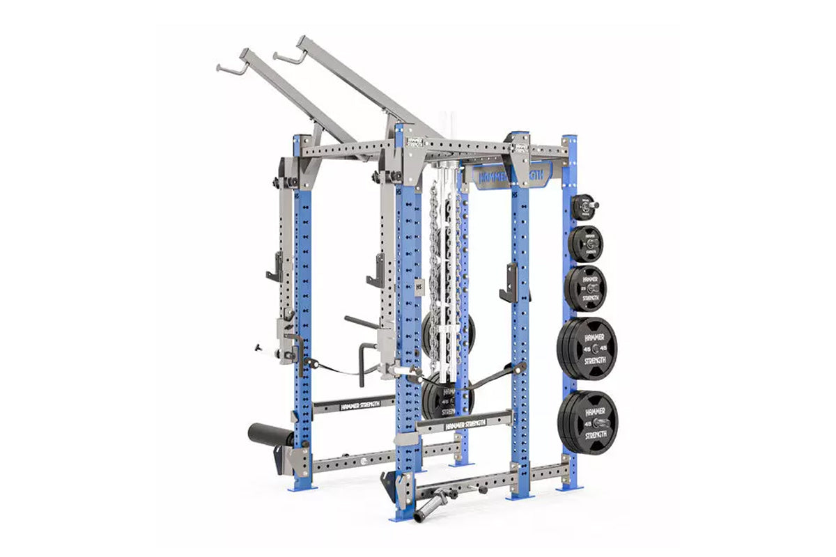 Hammer Strength HD Elite ID Power Rack with blue and gray frame, weight plates, and adjustable bar stations on white backgrou