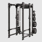 Black steel power rack with pull-up bar, weight plate pegs on right side, and chain storage, on white background