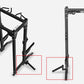 Black metal power pivot rack attachment with bolt-on mounting hardware and adjustable arms, shown in multiple angles on white
