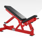 Hammer Strength adjustable weight bench with red frame, black padded seat and backrest, on white background