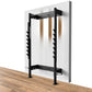 Hammer Strength Home Squat Rack with black steel frame, wood grain uprights, and side pegs, mounted on white panel and wood f