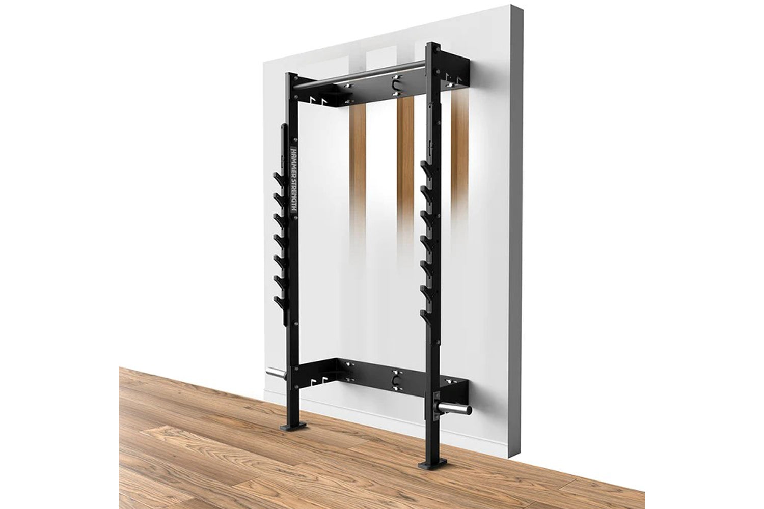 Hammer Strength Home Squat Rack with black steel frame, wood grain uprights, and side pegs, mounted on white panel and wood f