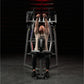 Hammer Strength Iso-Lateral High Row machine with model performing seated high row exercise, black and gray frame on dark bac