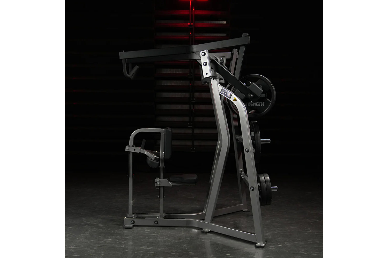 Hammer Strength Iso-Lateral High Row machine with gray and black frame, loaded weight plate, and adjustable seat in gym setti