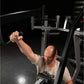 Man using black Hammer Strength iso-lateral high row machine with extended arm, demonstrating exercise form in gym setting
