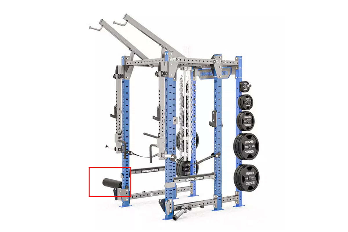 Hammer Strength Nordic Ham Rack Attachment with blue and gray frame, black weight plates on right side, and curved leg press 