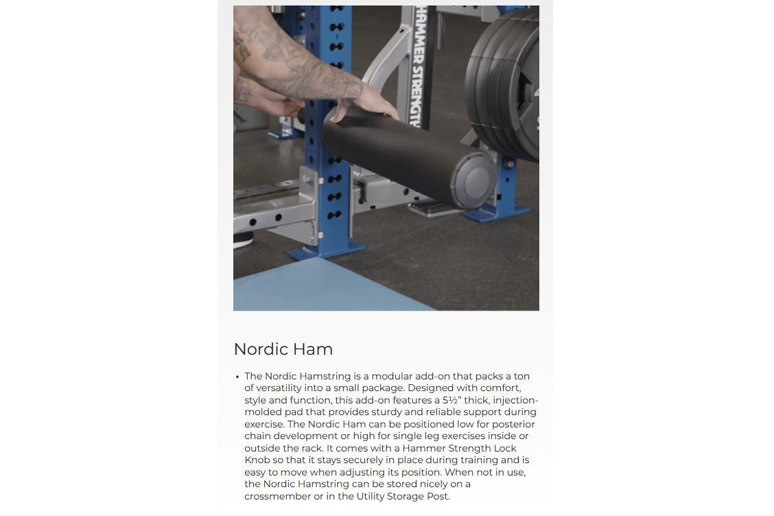 Tattooed man's hands positioning black cylindrical Nordic Ham attachment on blue Hammer Strength squat rack with weight plate