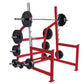 Red and gray Olympic squat rack with black weight plates and chrome barbell on white background