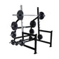 Hammer Strength Olympic squat rack with black steel frame, gray uprights, and loaded with black weight plates on white backgr