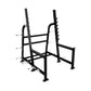 Black metal Olympic squat rack with dual vertical uprights, horizontal safety bars, and weight plate pegs on white background
