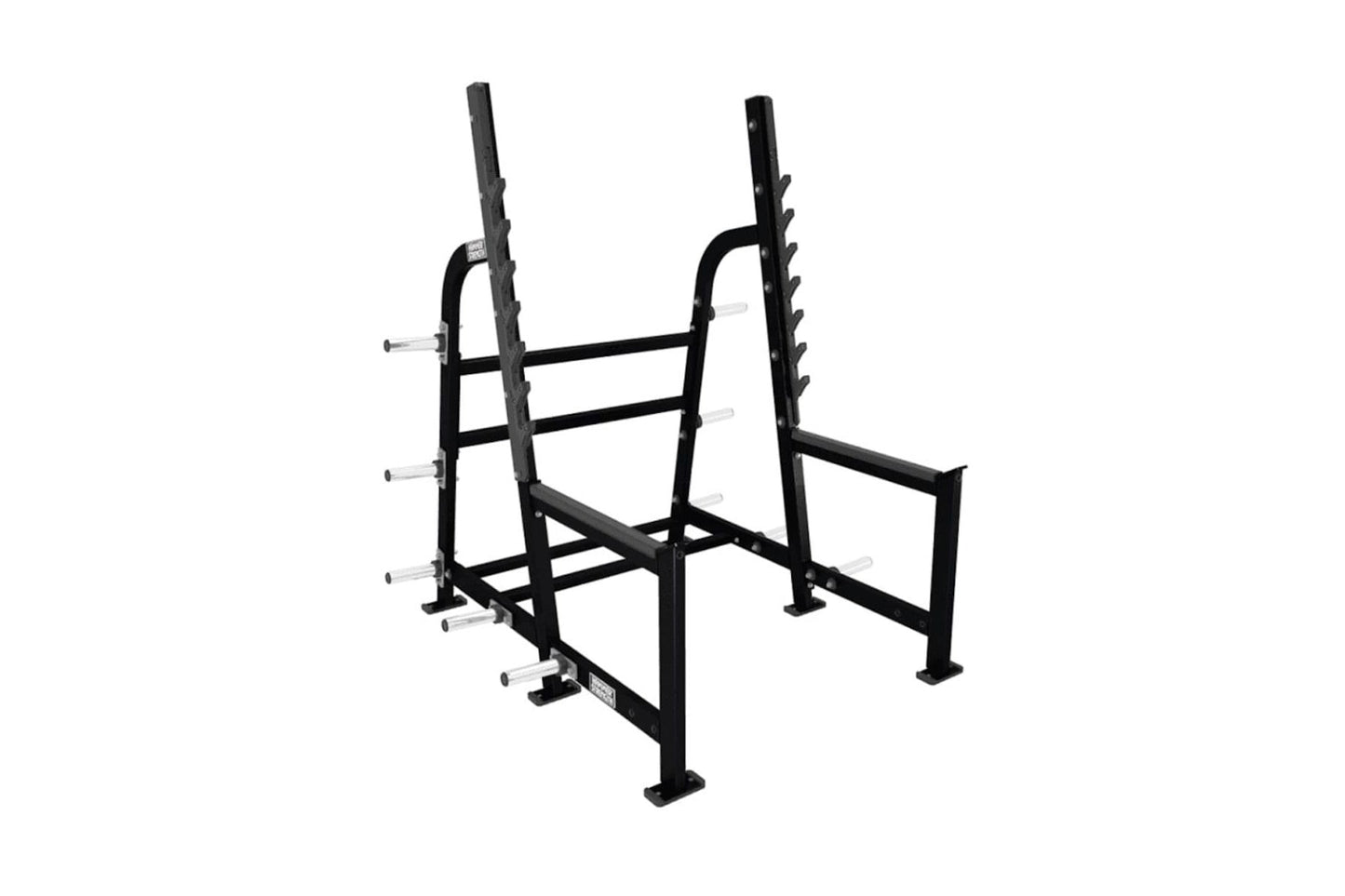 Black metal Olympic squat rack with dual vertical uprights, horizontal safety bars, and weight plate pegs on white background