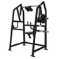 Black plate-loaded multi-station gym equipment with neck exercise attachment, barbell sleeve, and weight plate storage on whi