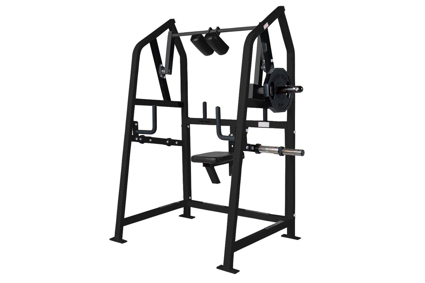 Black plate-loaded multi-station gym equipment with neck exercise attachment, barbell sleeve, and weight plate storage on whi