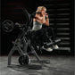 Woman using black Hammer Strength plate-loaded abdominal oblique crunch machine in gym setting