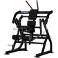 Black plate-loaded abdominal oblique crunch machine with padded seat and backrest on white background
