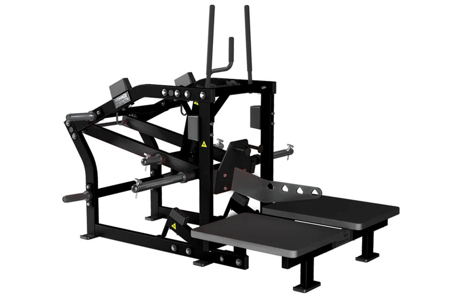 Black plate-loaded belt squat machine with dual foot platforms, weight horn attachments, and three vertical antenna posts on 
