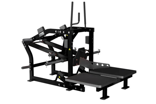 Black plate-loaded belt squat machine with dual foot platforms, weight horn attachments, and three vertical antenna posts on 