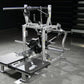 Hammer Strength plate-loaded belt squat machine with silver aluminum frame, black foot platform, and horizontal bar, on concr