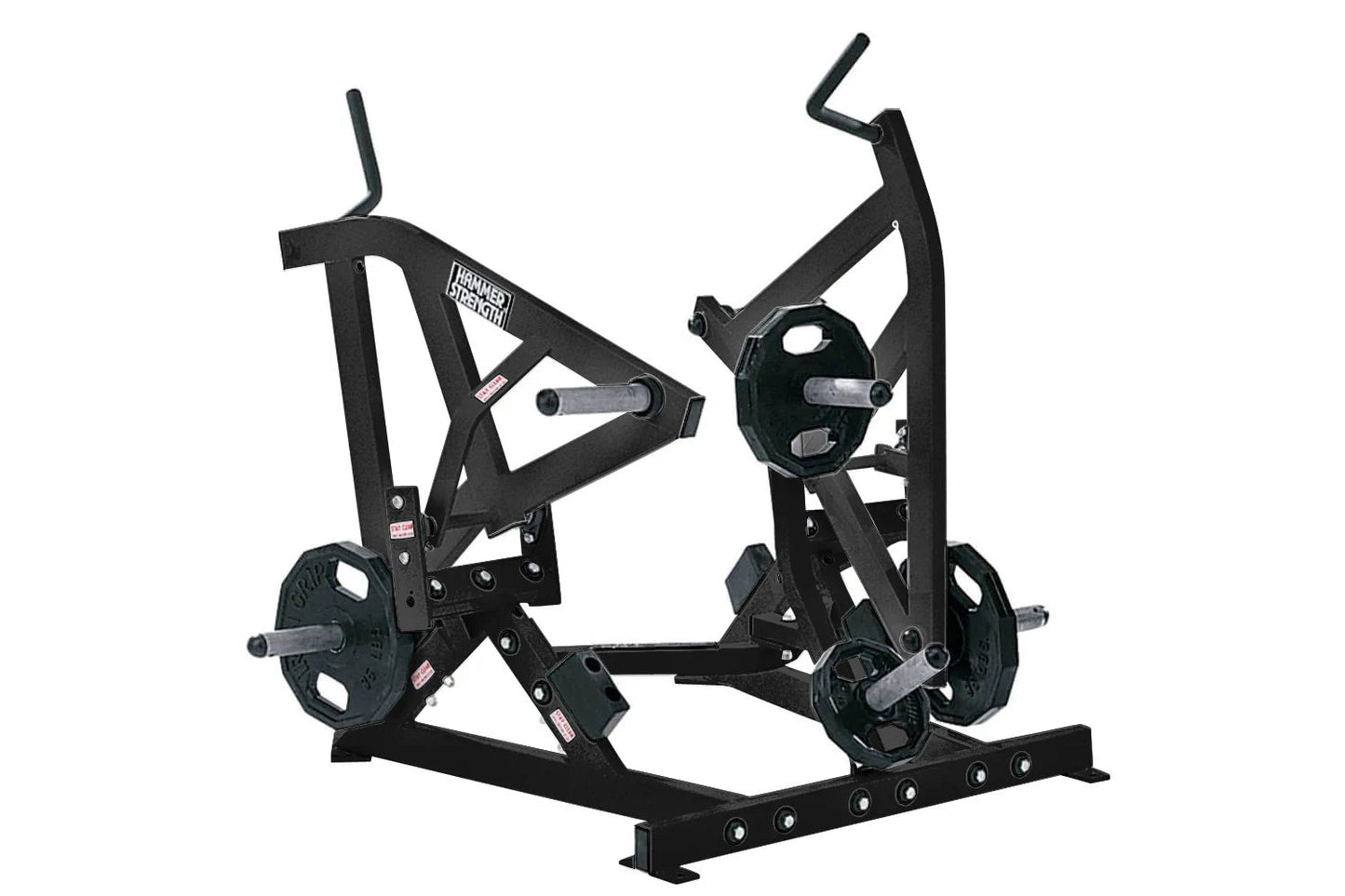 Hammer Strength plate-loaded combo twist machine with black steel frame and weighted plates, front view on white background