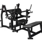 Black plate-loaded glute drive machine with padded seat and backrest, multiple weight plate pegs, and handlebar grips on whit
