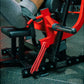 Red and black Hammer Strength plate-loaded glute drive machine with padded seat, used by model in gym setting