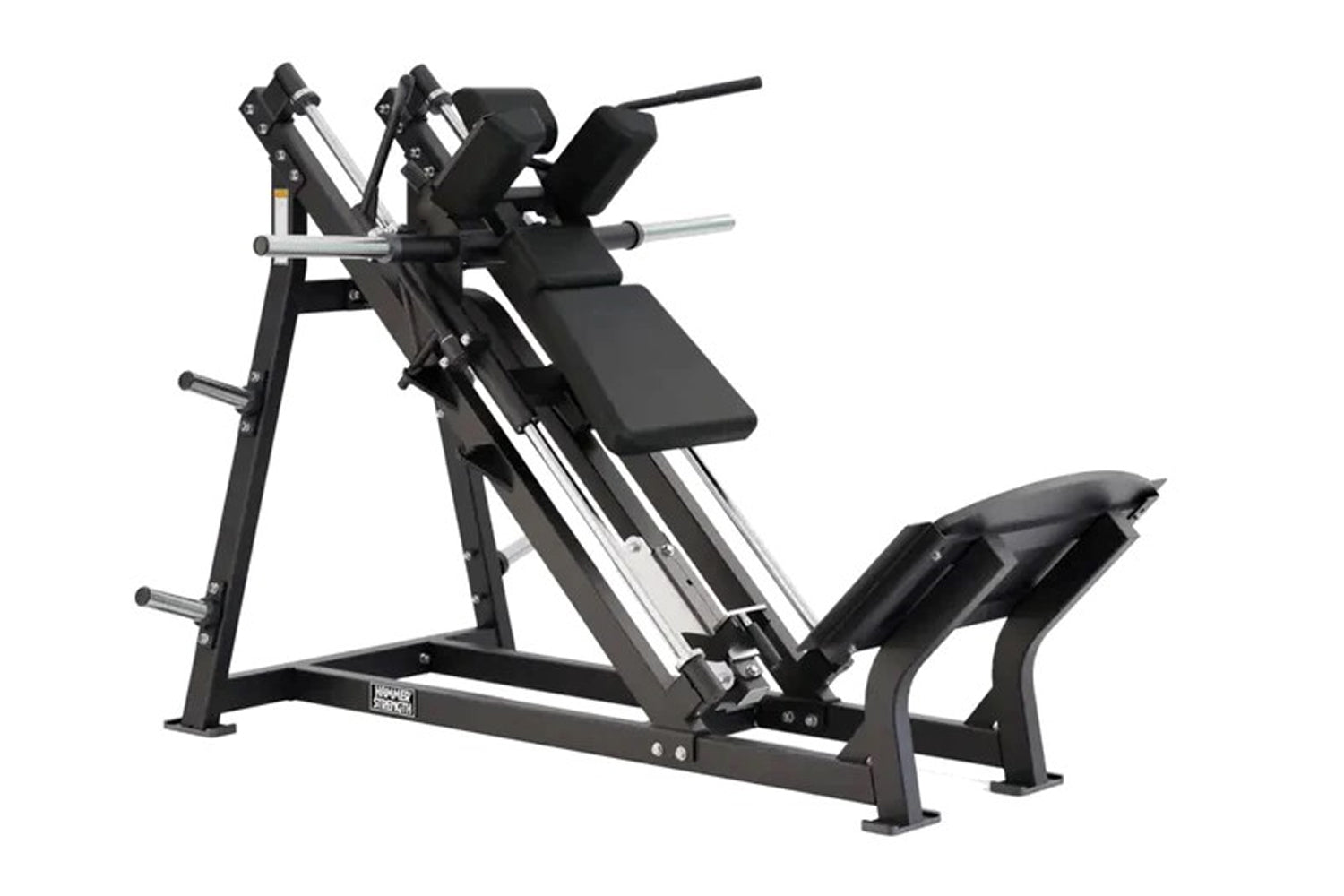 Hammer Strength plate-loaded hack squat machine with black steel frame, padded backrest and foot platform, on white backgroun