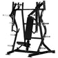 Black plate-loaded iso-lateral bench press machine with steel frame and padded black seat, shown on white background