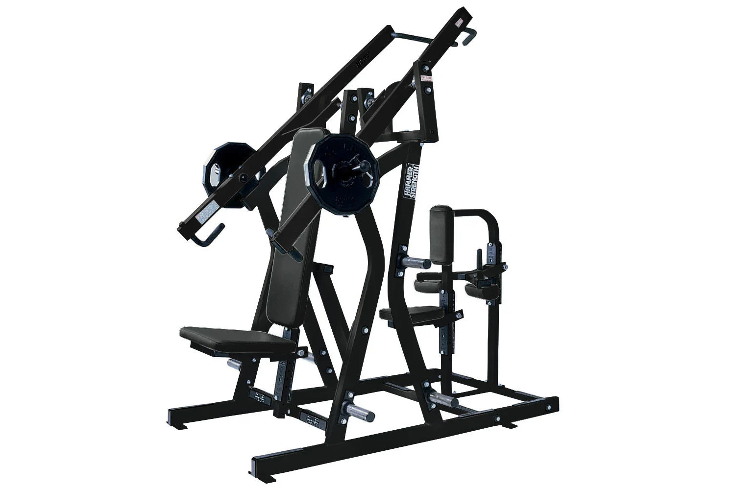Black Hammer Strength plate-loaded chest and back exercise machine with dual weight stacks, padded seat and backrest, on whit