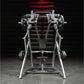 Hammer Strength plate-loaded iso-lateral D.Y. row machine with silver frame and black weight plates on garage gym background