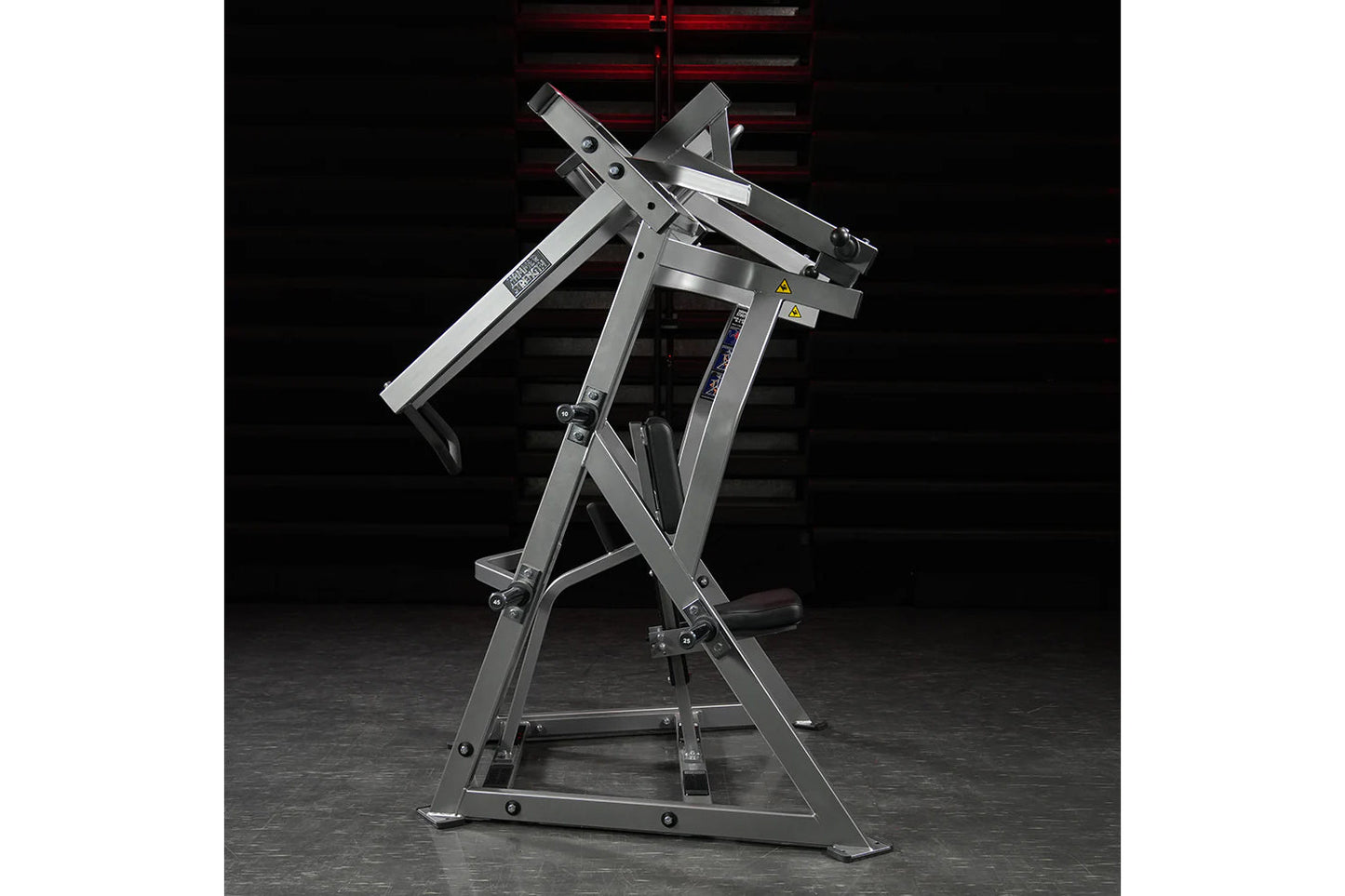 Hammer Strength plate-loaded iso-lateral d.y. row machine with gray steel frame and dual independent arms on black background