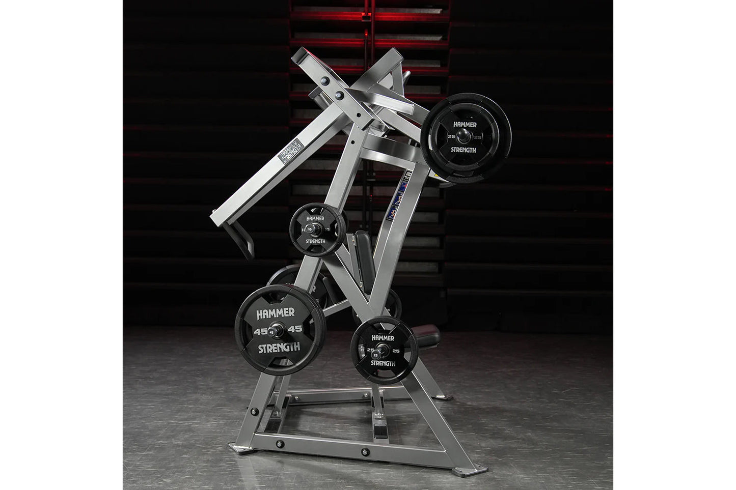 Hammer Strength plate-loaded iso-lateral D.Y. row machine with silver frame and black weight plates on dark background