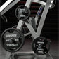 Hammer Strength weight plates in 10, 25, and 45 pounds mounted on silver and black plate-loaded iso-lateral rowing machine