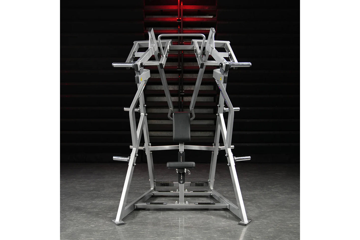 Hammer Strength plate-loaded iso-lateral D.Y. row machine with silver metal frame and black pad, front view