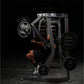 Hammer Strength plate-loaded iso-lateral decline chest press machine with athlete demonstrating exercise, black metal frame w