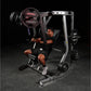 Hammer Strength plate-loaded iso-lateral decline chest press machine with 45-pound plates, man using machine on black gym flo