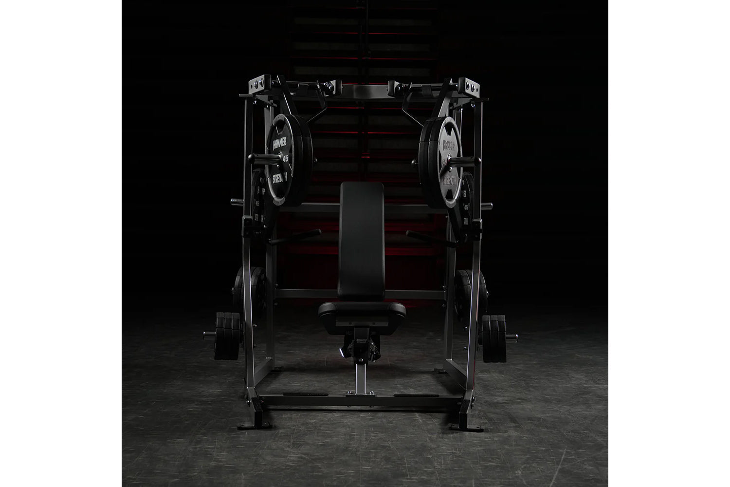 Black Hammer Strength plate-loaded iso-lateral decline chest press with dual weight stack arms and black seat, front view on 