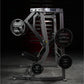 Hammer Strength plate-loaded iso-lateral decline chest press machine with black weight plates on dark background
