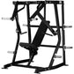 Black plate-loaded decline chest press machine with adjustable iso-lateral arms, padded seat, and chrome handles on white bac