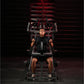 Man using black and red plate-loaded lat pulldown machine in gym setting with red lighting backdrop