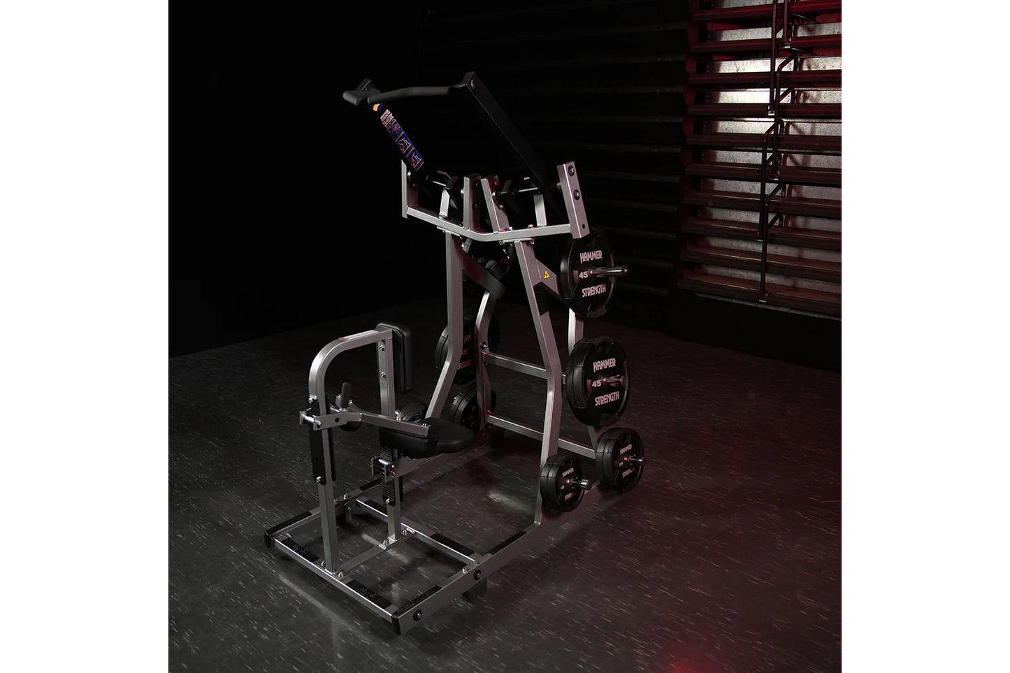 Hammer Strength black and silver plate-loaded iso-lateral front lat pulldown machine in gym setting