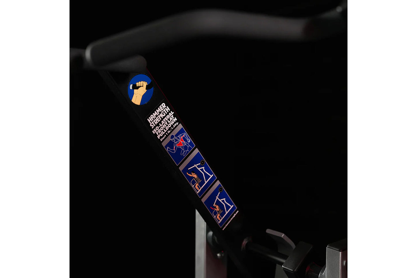 Hammer Strength plate-loaded iso-lateral front lat pulldown machine with blue and red graphic labels on black frame