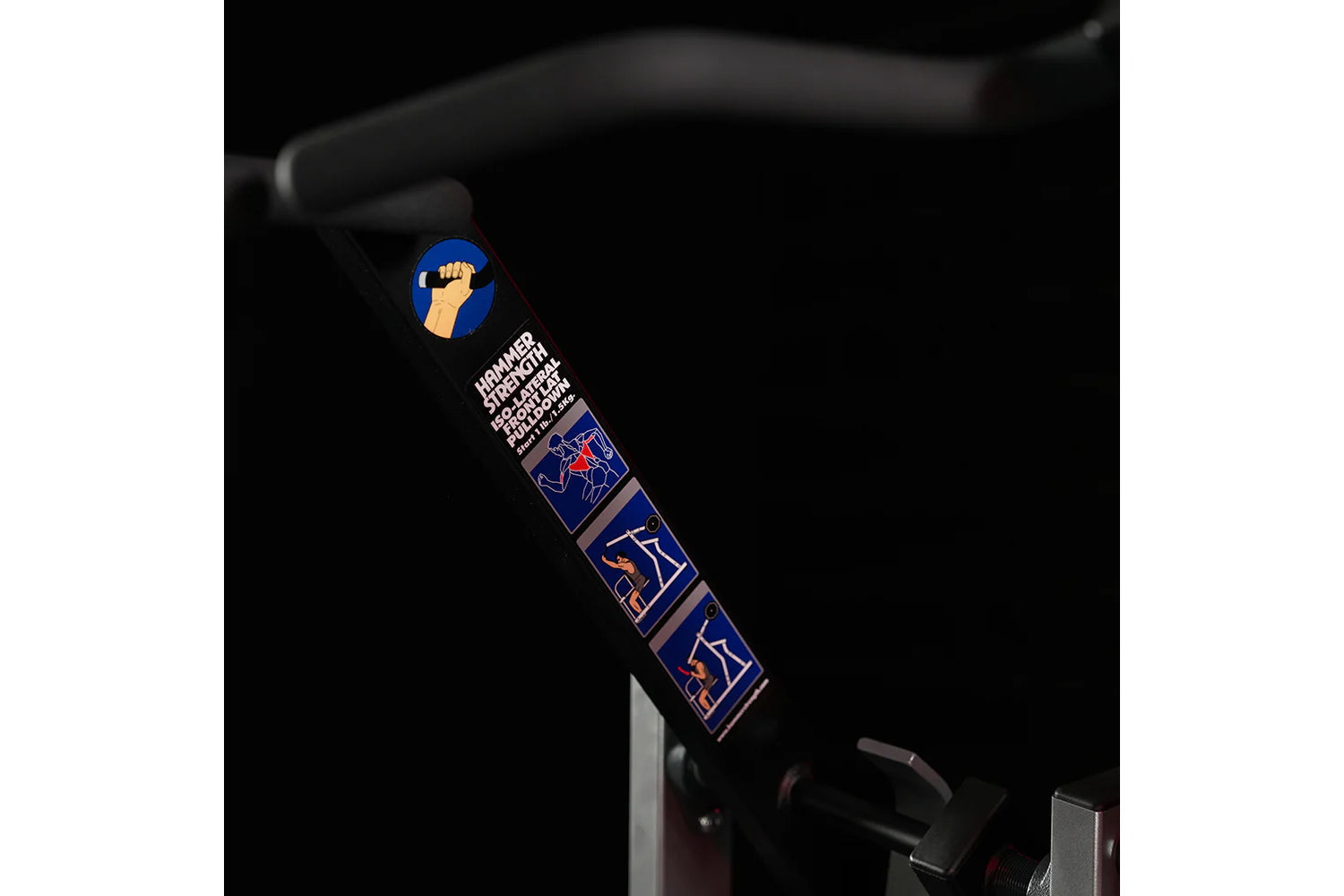 Hammer Strength plate-loaded iso-lateral front lat pulldown machine with blue and red graphic labels on black frame