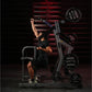 Male athlete using Hammer Strength plate-loaded lat pulldown machine with black weight plates, demonstrating exercise form in