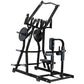 Black plate-loaded lat pulldown machine with dual handles, weight plate on left side, and foot platform, on white background