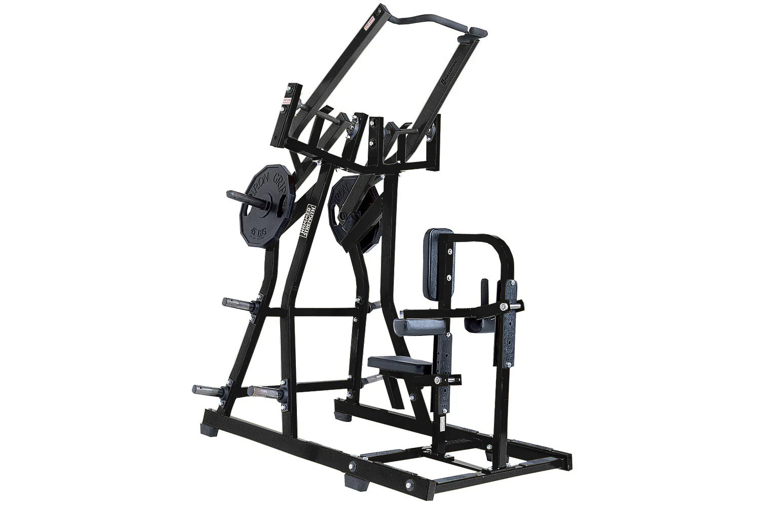 Black plate-loaded lat pulldown machine with dual handles, weight plate on left side, and foot platform, on white background