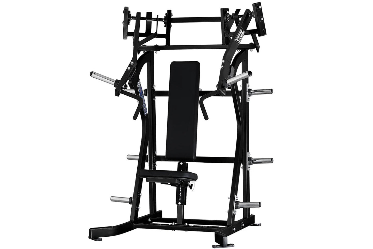 Black Hammer Strength plate-loaded iso-lateral incline press machine with chrome handles and adjustable seat, on white backgr