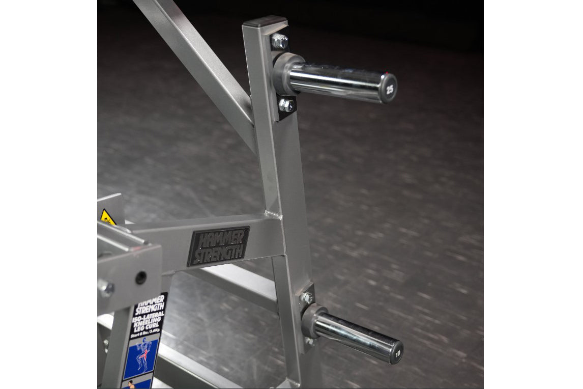 Silver Hammer Strength plate-loaded iso-lateral kneeling leg curl machine with chrome handles and adjustment pins, detail vie