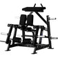 Black plate-loaded leg curl machine with padded seat, backrest, and leg extension arms, multiple weight plate pegs, on white 