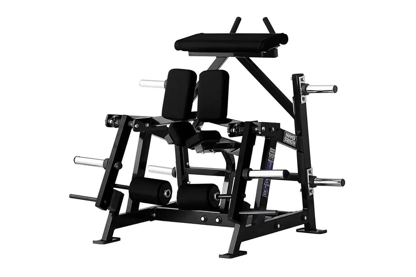 Black plate-loaded leg curl machine with padded seat, backrest, and leg extension arms, multiple weight plate pegs, on white 