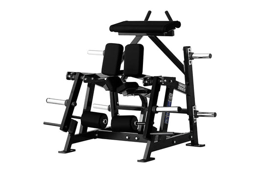 Black plate-loaded leg curl machine with padded seat, backrest, and leg extension arms, multiple weight plate pegs, on white 